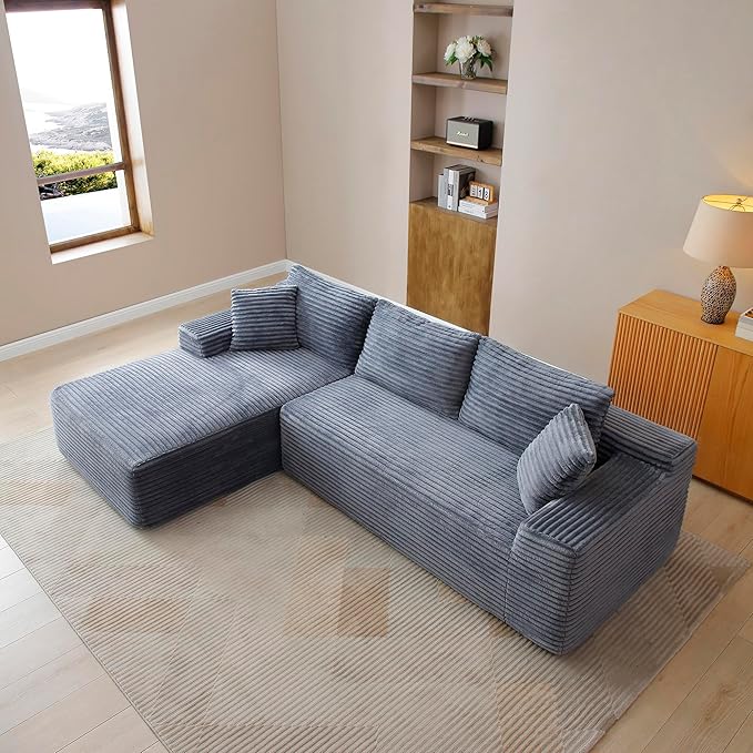 105-Inch L-Shaped Left Facing Corner Compressed Sofa Modular Sectional Boneless Cloud Sofa Floor Foam Couch with Chaise Lounge, Corduroy Corner Boneless Cloud Couch
