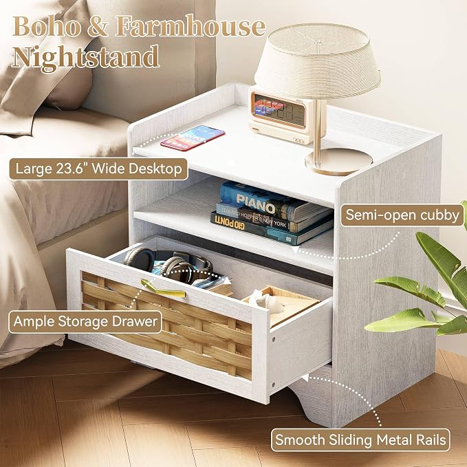 24" Rattan Nightstand, Boho Night Stand with Open Storage, White Bedside Table with Drawer, Bed Side End Table Dresser for Bedroom, Living Room, Hallway - Image 5