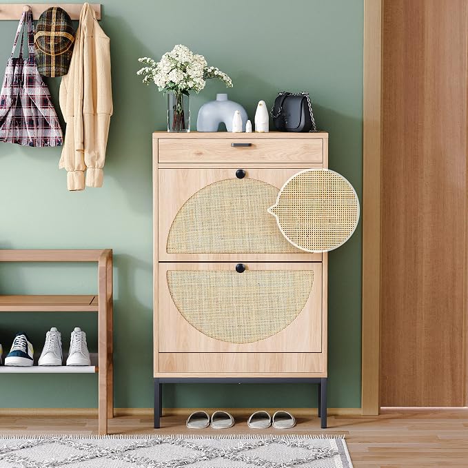 Yechen Shoe Rack Storage Organizer with 2 Natural Semi-Circular Rattan Doors, Entryway Wooden Shoe Cabinet for Sneakers, Leather Shoes, High Heels, Slippers (1 Piece, Oak) - Image 6