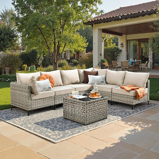 ovios 7 Piece Outdoor Patio Furniture with Glowing Coffee Table, Rattan Wicker Conversation Set with Sofa, Sectional Single Chairs for Outside Porch Balcony Backyard Pool,Beige