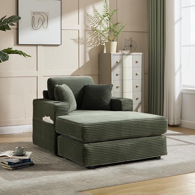 KEIKI Oversized Accent Chair with Ottoman, Chaise Lounge Chair Indoor with Cupholders, Oversized Sofa Bed, Deep Seat Sleeper Couch Reading Chairs for Living Room, Dark Green