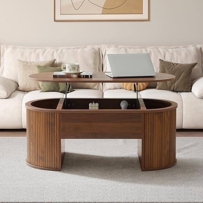 QHITTY Fluted Coffee Table with Lifting Top, Oval Wood Lift Top Coffee Table with Hidden Compartment, Mid Century Pull up Center Tables for Living Room, Office - Walnut