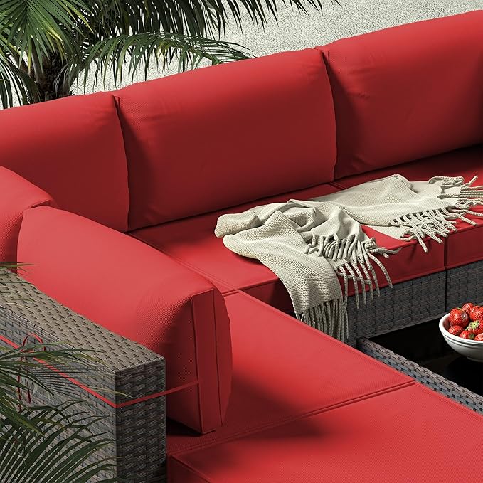 Gotland 9 Pieces Patio Furniture Set with 29.5'' High Backrest, All Weather PE Wicker Outdoor Furniture with 4’’ Thickened Cushions Coffee Table, Patio Set for Deck, Garden, Backyard, Red