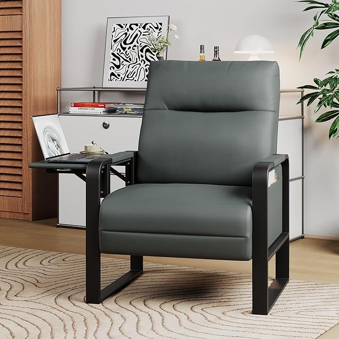 Alunaune Upholstered Living Room Chair Armchair, Mid Century Faux Leather Metal Accent Chair, Reception Couch Slipper Club Lounge Chair Guest Comfy Single Sofa with Sidetable for Bedroom-Dark Grey