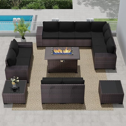 13 PCS Outdoor Patio Furniture Set,Outdoor Sectional Furniture with 43" 55000 BTU Gas Propane Fire Pit Table,All Weather PE Rattan Wicker Patio Conversation Set,Black