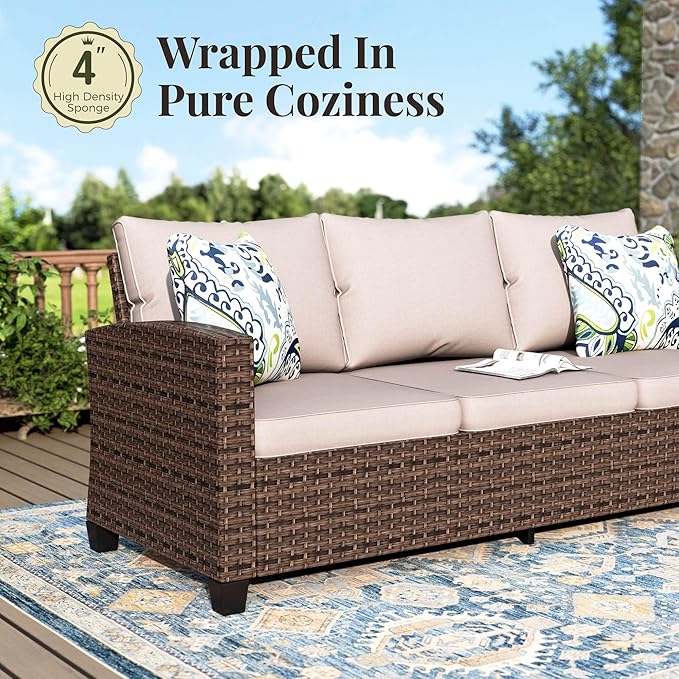 Swivel Glider Patio Furniture Set, 8 Pcs Wicker Outdoor Conversation Set, 2 x Swivel Chairs, 2 x Leg Chairs, 1 x 3 Seater Sofa and 2 x Ottomans and 56" Fire Pit Table, Beige