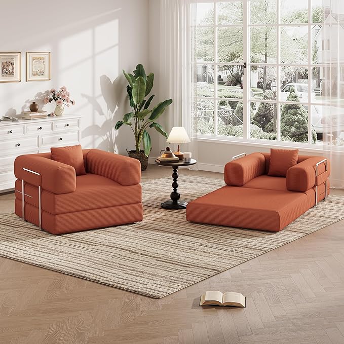 Folding Sofa Bed, 2 in 1 Convertible Sofas to Lounger Comfy Single Bean Bag Chair Floor Portable Foldable Sleeper Lazy Futon Couch Chair for Bedroom, Living Room(Orange, 35.43" Single Sofa)