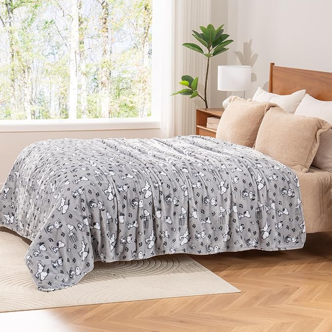 Berkshire Blanket Peanuts® VelvetLoft® Cute Character Snoopy Plush Blanket,Peanuts Poses and Paws Grey,Twin 60 in x 90 in (Official Peanuts® Product)