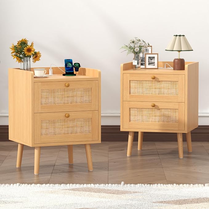 Nightstands Set of 2, Small Night Stands with Charging Station, Wood Rattan Bed Side Table Sets with 2 Drawers & Solid Wood Legs,Boho End Tables for Bedroom, Living Room, Sofa,Small Space by Boonatu