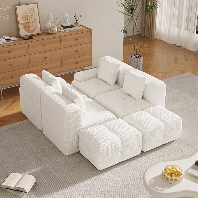 135" U-Shaped Compressed Sectional Cloud Sofa, Flannel Upholstered Modular Tufted Sofa with 6 Pieces, Symmetrical Boneless Foam Modular Cloud Couches for Living Room