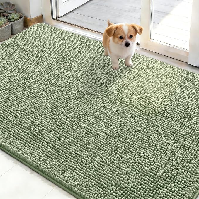 OLANLY Dog Door Mat for Muddy Paws 48x30, Absorbs Moisture and Dirt, Absorbent Non-Slip Washable Doormat, Quick Dry Chenille Mud Mat for Dogs, Entry Indoor Entryway Carpet for Inside Floor, Sage Green by OLANLY