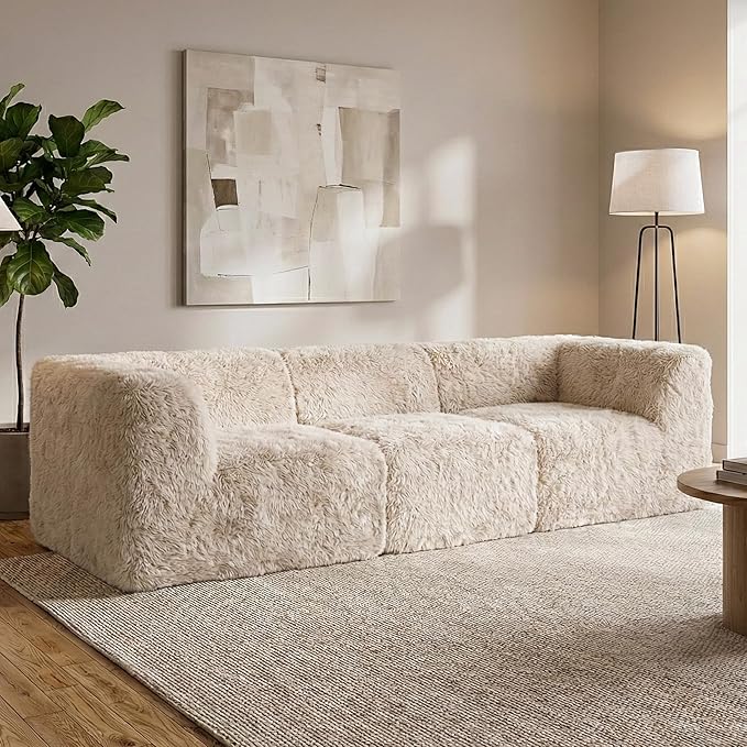 Furniture of America Havyn Modern Faux Fur 3-Seater Modular Foam Sofa with Curved Arms & Deep Seat, Compressed Couch in a Box, No Assembly Required, for Living Room and Office, Sand