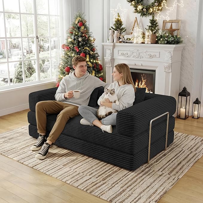 4 in 1 Futon Sofa Bed Queen Size - Foldable Convertible Sleeper Couch,Teddy Foam-Filled Compressed Couch Removable Corduroy Cover, Space Saving Sofas for Bedroom & Dorm (Black, 59” 2 Seat)