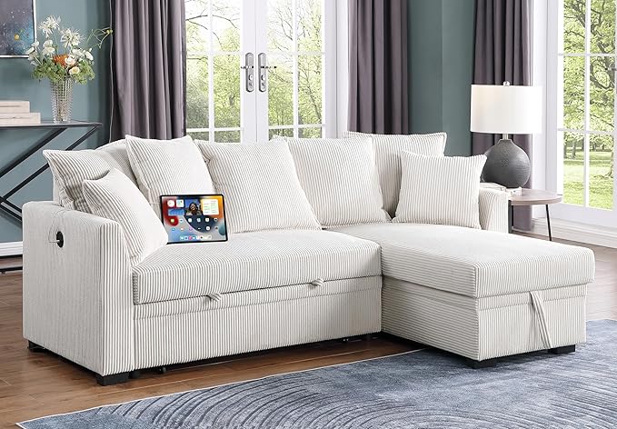 Modern Living Room Corner Convertible Sofabed Corduroy Upholstered Reversible Sleeper Sectional Sofa with 7 Pillow and USB Ports, L-Shaped Pull Out Sleep Couch Bed W/Reversible Storage Chaise Daybed