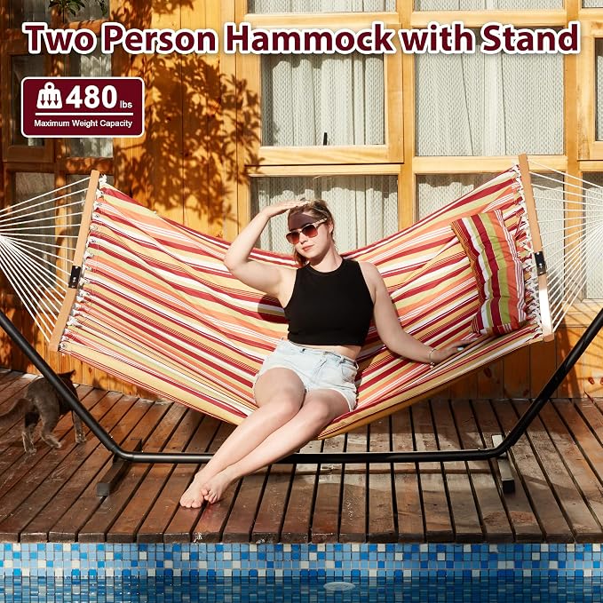 Homgava Two Person Hammock with Stand for Outside Heavy Duty, Outdoor Patio Hammock with Portable Steel Stand, Large Double Hammocks,480lbs Capacity.(Red) - Image 4