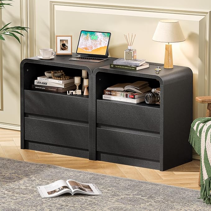 Modern Night Stand with Charging Station, 25" Tall Wood Nightstand Bedside Table with 3 Drawers & USB Ports, Mid-Century End Table for Bedroom (1, Black Smooth, 2 Drawers) - Image 5