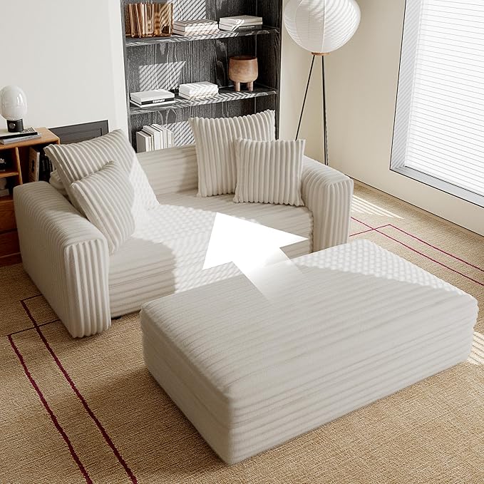 Acanva Oversized Cozy Chaise Lounge Chair Indoor with Removable Ottoman, Modern Upholstered Fluffy Sleeper Sofa Bed, Comfy Reclining Couch for Living Room, Bedroom, White