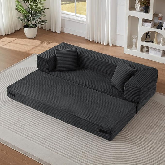 Ball & Cast Modern Upholstered Sofa with 2 Pillows,Boneless Corduroy Couch W/Deep Seat,Convertible Folding Sleeper Sofa Bed for Living Room,Bedroom,Apartment,No Assembly,Dark Gray,78"