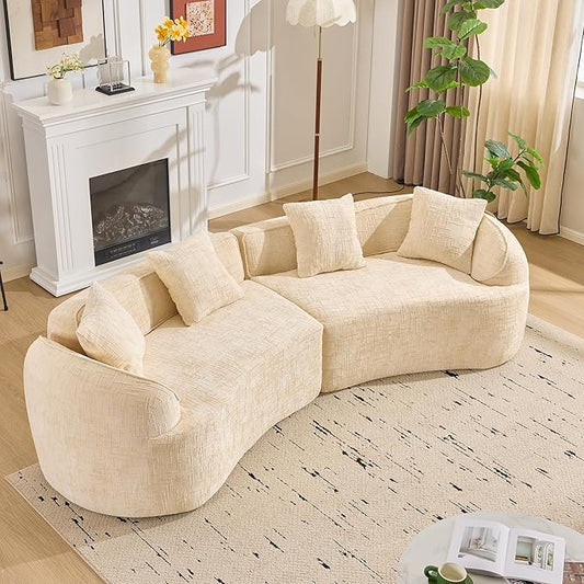109-Inch Curved Boneless Sofa Couches Compressed 4-Seat Foam Couch for Living Room Bedroom, Boneless Modular Cloud Sofa Curved Floor Couch with 4 Pillows, No Assembly