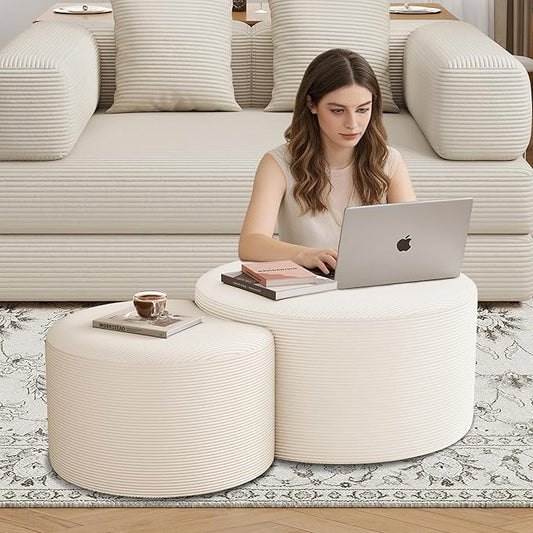 Round Coffee Table Set of 2, Movable Ottoman for Corduroy Cloud Sectional Couches Circle Foam Round Side Table for Living Room, Entryway Set, 32"+17" Footrest No Assembly (Beige, 32"+17")