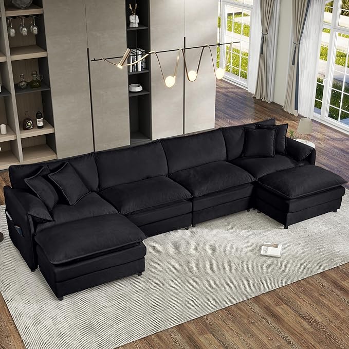 143-Inch U-Shaped Sectional Cloud Sofa Oversized Modular 6 Seaters Sofa Couch with 2 Ottoman Chaise and Pillow Armrest, Chenille Upholstered Convertible Cloud Couch