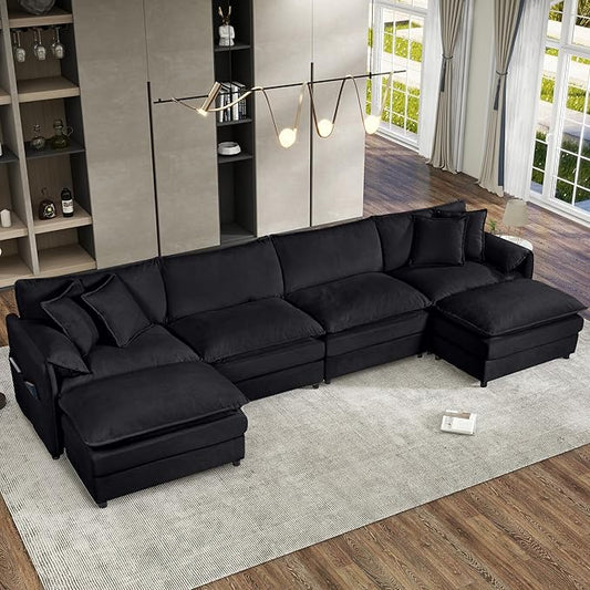 143-Inch U-Shaped Sectional Cloud Sofa Oversized Modular 6 Seaters Sofa Couch with 2 Ottoman Chaise and Pillow Armrest, Chenille Upholstered Convertible Cloud Couch