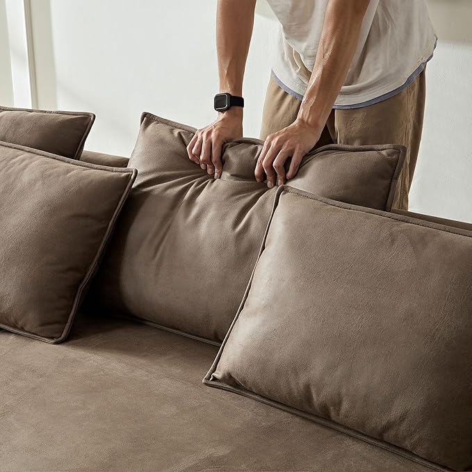 KEIKI 129" Curved Oversized Modular Leathaire Sectional Sofa with Left Chaise, 4 Pillows, 3 Back Cushion, Modern Style Comfy 5-Seater Couch, Easy Assembly, for Office, Apartment, Living Room, Brown