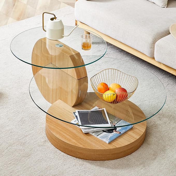 Modern Glass Coffee Table,Small Round Coffee Tables, 42" 3-Tier Circle Wood Coffee Table for Living Room Rustic Circle Center Cocktail Table with Tempered Glass, Unique Accent Table for Small Spaces