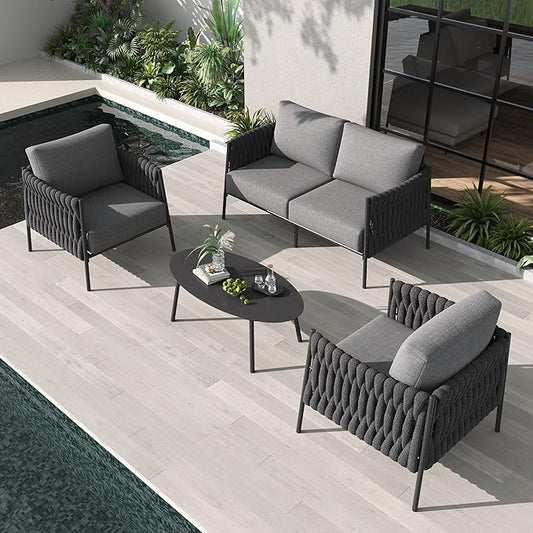 LayinSun 4 Piece Outdoor Furniture Set with Coffee Table, Modern Rope Woven Patio Conversation Sofa Set with Olefin Braid and Deep Seating
