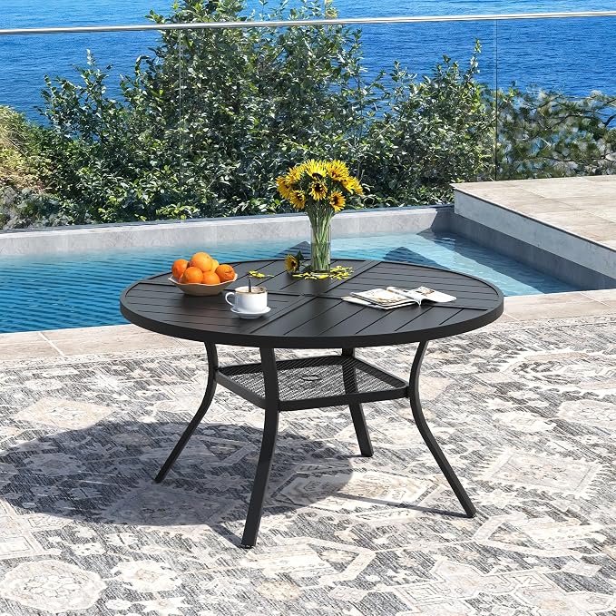 DIFY Patio Dining Set for 4, 5 Piece Outdoor Table and Chairs Set, 40.6" Black Round Metal Patio Dining Table and 4 Brown Textilene Stackable Patio Chairs, for Backyard Garden Poolside - Image 2