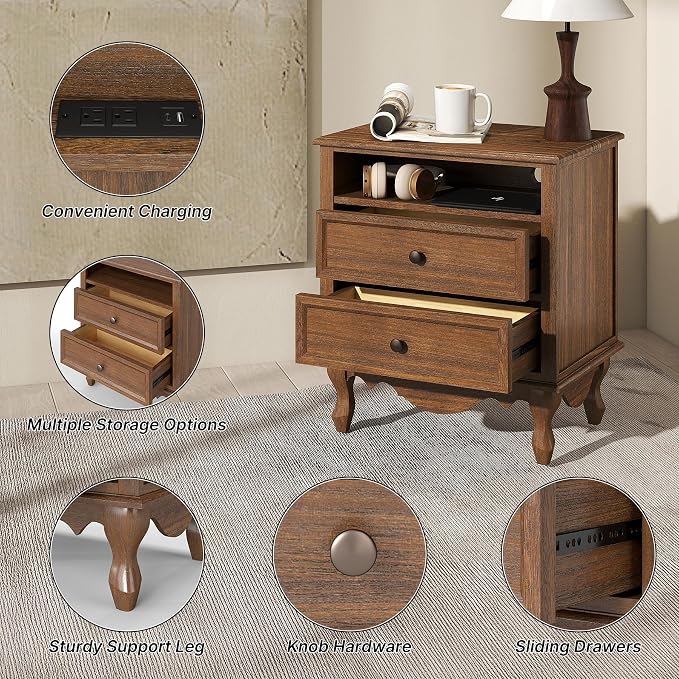 Solid Wood Nightstands Set of 2, Fully Assembled Night Stand with 2 Drawer & Open Shelf Storage, Bedside Table with Charging Station, Mid-Century Modern End Table for Bedroom, Walnut - Image 6