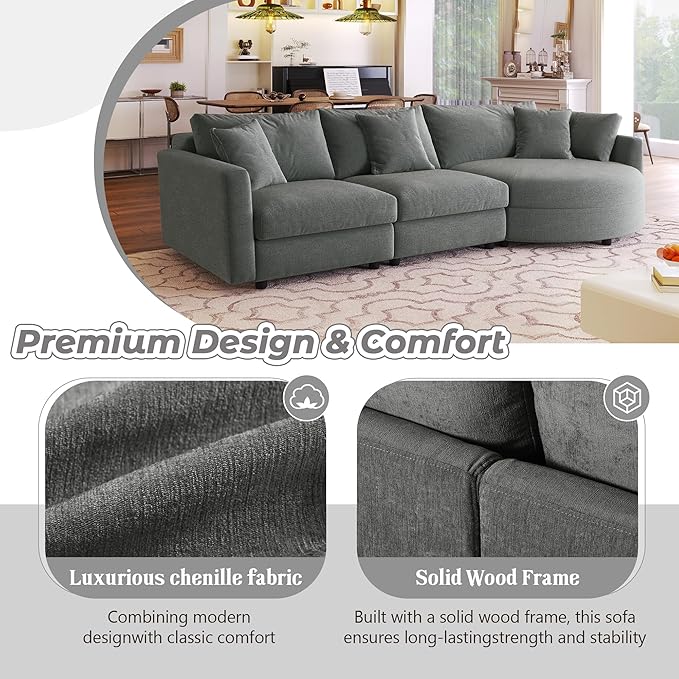 ERYE L-Shaped Right Facing Sectional Sofa Oversized Chenille Upholstered Corner Couch W/Curved Chaise Seat and 3 Toss Pillows, Modern L-Shaped Sofa Couches for Living Room