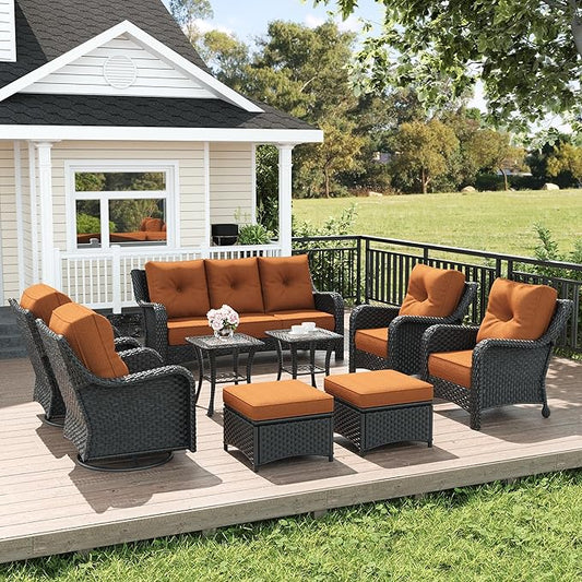 LayinSun 9 Piece Wicker Outdoor Furniture Set with 6-inch Comfy Cushions, High Back Patio Furniture Set with Swivel Rocking Chairs and Side Table