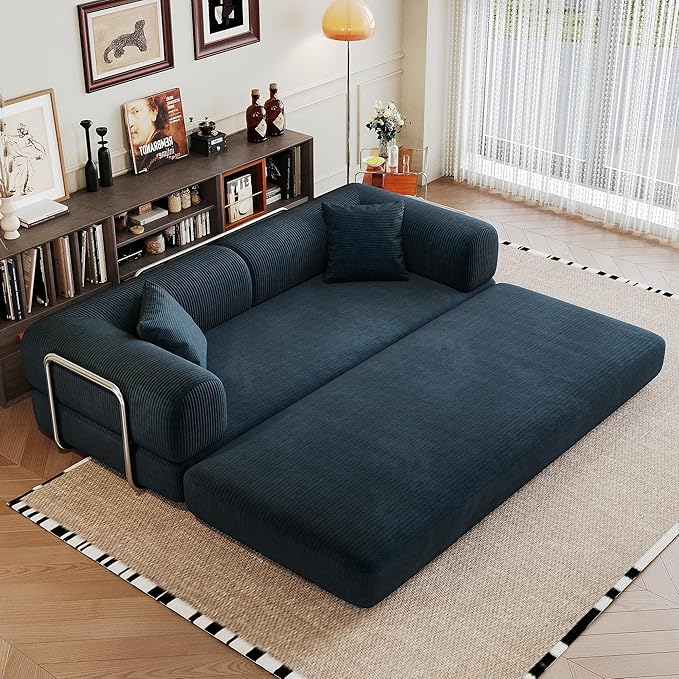 79" Convertible Sofa Bed, Corduroy Folding Pull Out Couch with Pillows, No Assembly Modern Boneless Couch Compression Sofa in Box, Floor Sofa with Support Rods for Living Room,Blue