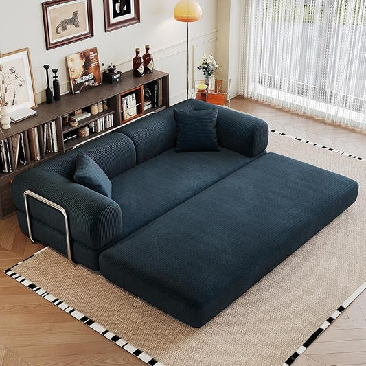 Ball & Cast 78" Convertible Floor Sofa Bed – 4-in-1 Modular Corduroy Sleeper with Fixed-Shape Support, No Assembly, Boneless Folding Couch with Armrests & Pillows – for Living Room, Apartments, Blue
