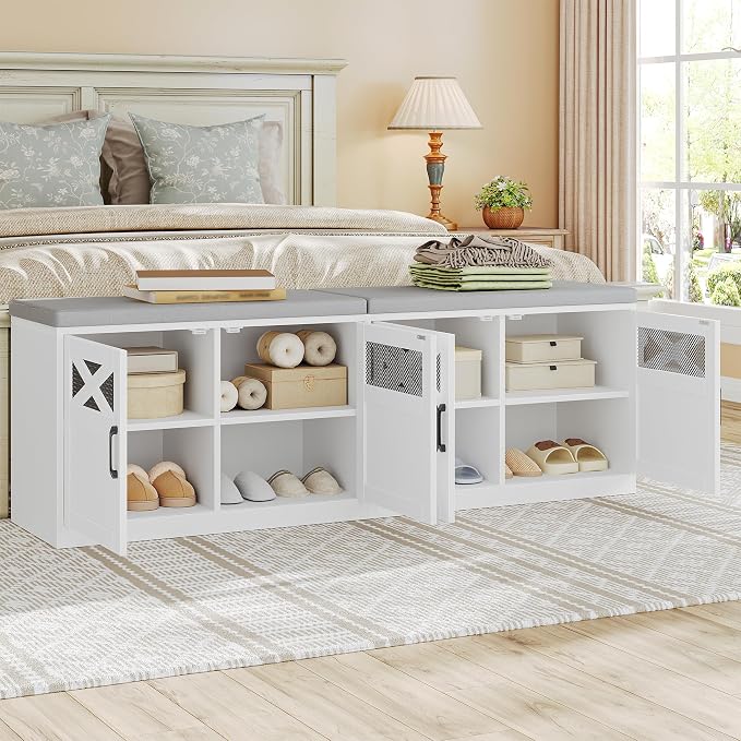 Hzuaneri 2 Tier Shoe Storage Bench with Doors, 59" Farmhouse Shoe Bench with Padded Cushion, 12-16 Pairs of Bed End Bench, Entryway Bench with Storage for Bedroom, Living Room, White SB61503X - Image 6