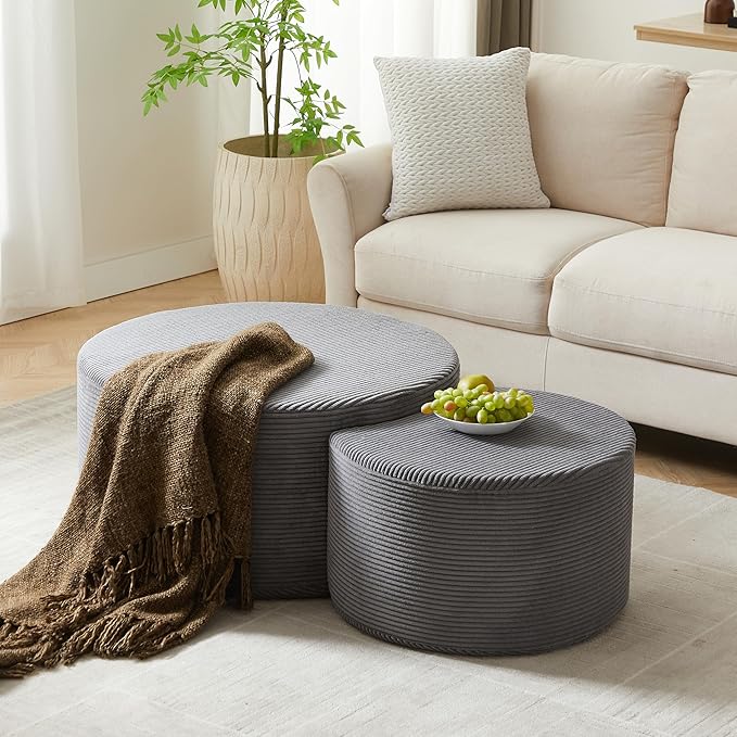 kevinplus 49.7'' Foam Round Nesting Coffee Table Set of 2, Modern Upholstered Side End Table Ottoman Footrest, No Assembly, Gray