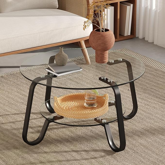 Glass Round Coffee Table for Living Room, 31.5 Inch Tempered Glass Top & Sturdy Metal Frame with Storage Shelf, Modern Small Center Table with 200lb Capacity, Quick & Easy Assembly