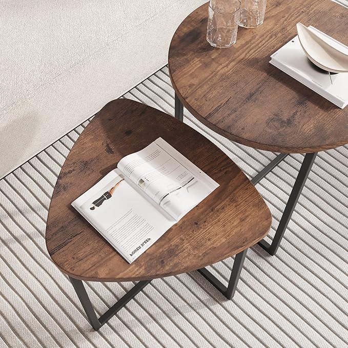 HOJINLINERO Round Coffee Table Set of 2 End Tables for Living Room,Black Small Coffee Table Living Room Table,Metal Frame & Wood,Sturdy and Easy Assembly,Stacking Side Tables Bedroom,Brown