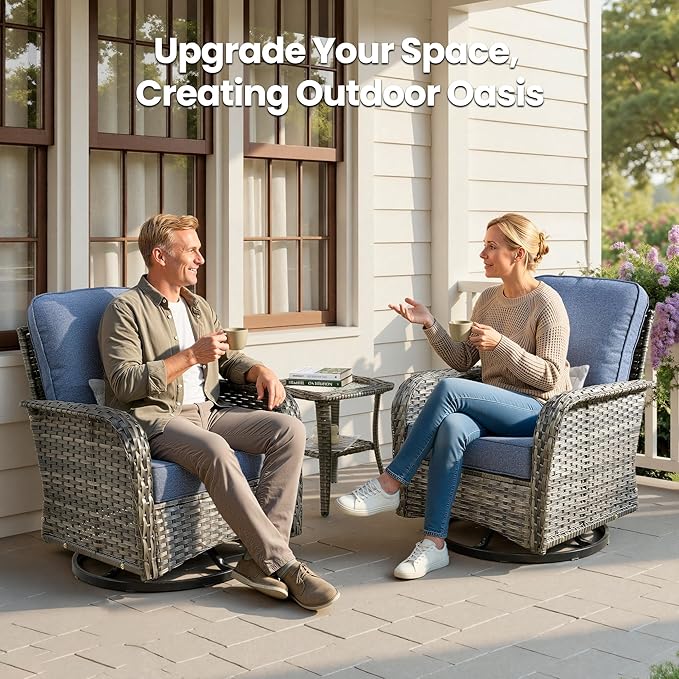Weaxty Outdoor Swivel Rocker Patio Chairs, 3 Pieces Patio Furniture Set with Rocking Chair and Wicker Side Table, Outdoor Furniture Conversation Set for Porch, Deck, Yard, Balcony, Denim Blue