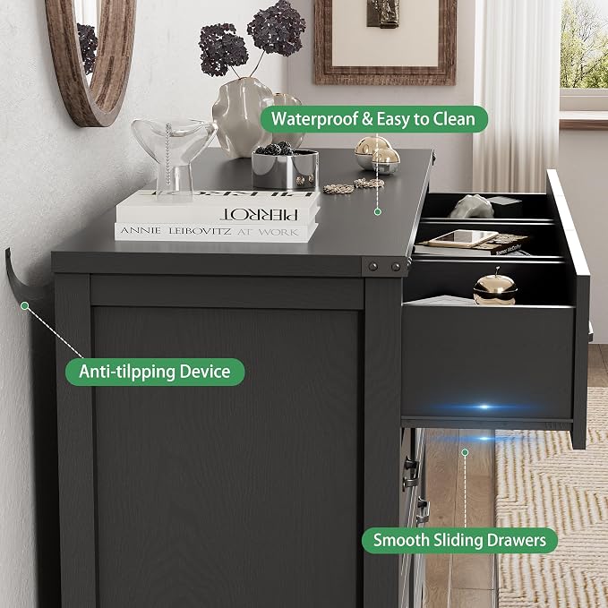 Dresser for Bedroom with 7 Drawers, 48" Wide Modern Chest of Drawers with Deep Drawers & Mental Handle, Wood Dresser TV Stand, Wooden Closet Storage Organizer for Living Room, Hallway, Entryway, Black - Image 6