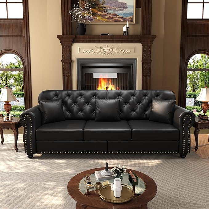 KEIKI 2-Piece Chesterfield Sofa Set with 1 Faux Leather 3-Seater Sofa & 1 Loveseat Sofa, Upholstered 5-Seater Couch Set with Nailhead Trim & Rolled Arms & 1 Ottoman & 5 Pillow, for Living Room, Black