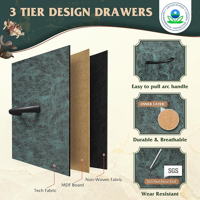 WLIVE Fabric Dresser for Bedroom, Tall Dresser with 8 Drawers, Storage Tower with Fabric Bins, Double Dresser, Chest of Drawers for Closet, Playroom, Dormitory, Vintage Green - Image 5