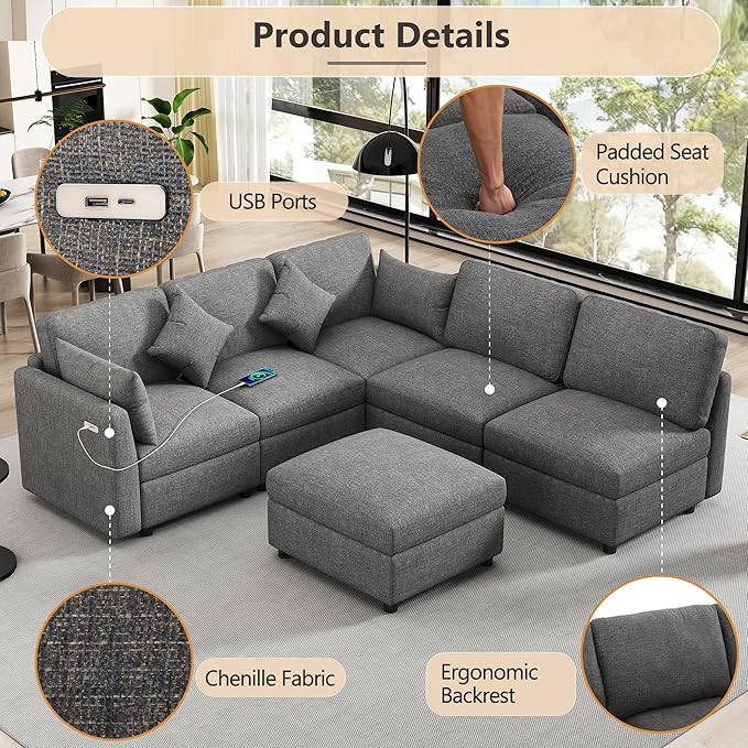 Eafurn 6 Seater Reversible Modular Sectional Sofa Convertible Sleeper Couch Bed, Free Combination Chenille Upholstered Corner Sofa Couches with USB Ports and Detachable Cushions (Grey)