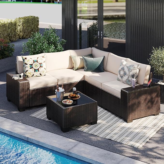 6 Pieces Patio Furniture Set, Outdoor Sectional Set of 6 w/Wide Armrest, Waterproof Wicker Conversation Set for Backyard, Deck, Beige