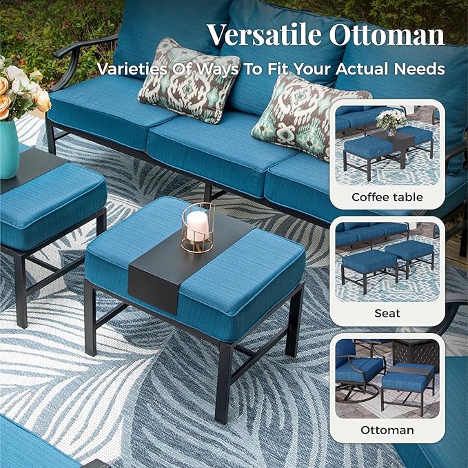 Patio Furniture Set, 6 Pcs Metal Outdoor Conversation Set, 2 Swivel Chairs, 2 Ottomans and 3 Seater Sofa with 5.75" Extra Thick Cushion and Gas Fire Pit Table, Gemstone Blue