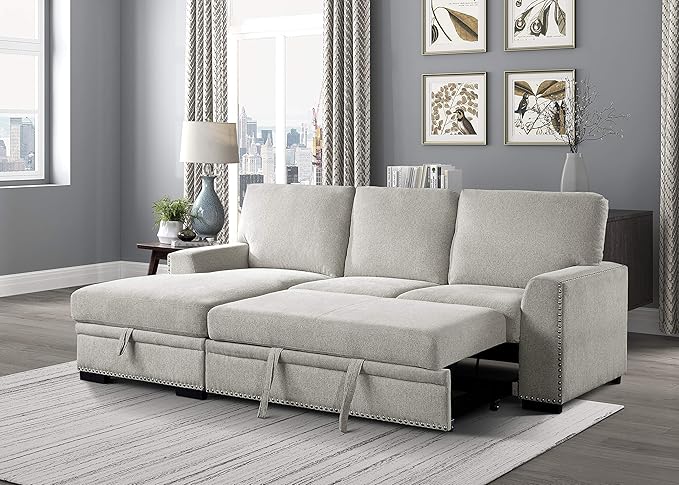 Lexicon Mid Century Modern Sectional Sleeper Sofa Bed Couch with Storage Chaise, Sectional Sofa Pull Out Couch Bed, Sectional Couch Lounge Sofa for Living Room Apartment, Left Side Chaise, Beige
