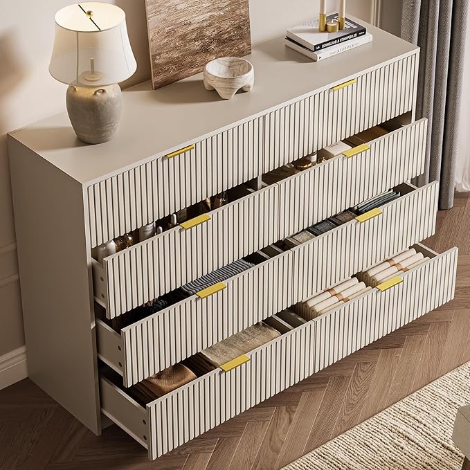 MAISONARIA 3-Piece Dresser Bedroom Set, 8 Drawer Dresser & 3 Drawer Nightstands with Gold Handles, Fluted Wood Chest of Drawers for Bedroom, Living Room, Entryway, Beige