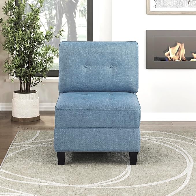 Lexicon Modern Modular Armless Chair with Hidden Storage, Textured Fabric Chair with Button-Tufted Design, Reversible Back Cushion for Living Room/Bedroom/Office, Blue