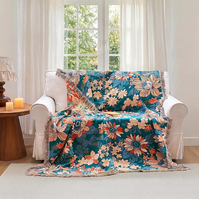 Boho Throw Blanket - 100% Cotton Ultra Soft Muslin Blanket, 90"x108" Lightweight Floral Framhouse Bedding Spring Blanket for Bed, All Season Green Bohemian Bedroom Home Decor Quilt